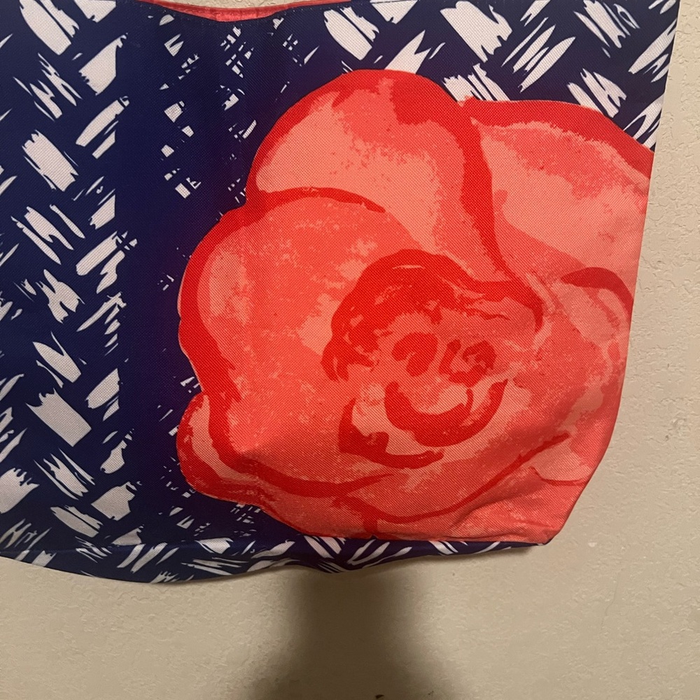 LANCÔME TOTE WITH STRAPS ORANGE INSIDE FLOWERED DESIGN RED WHITE & BLUE